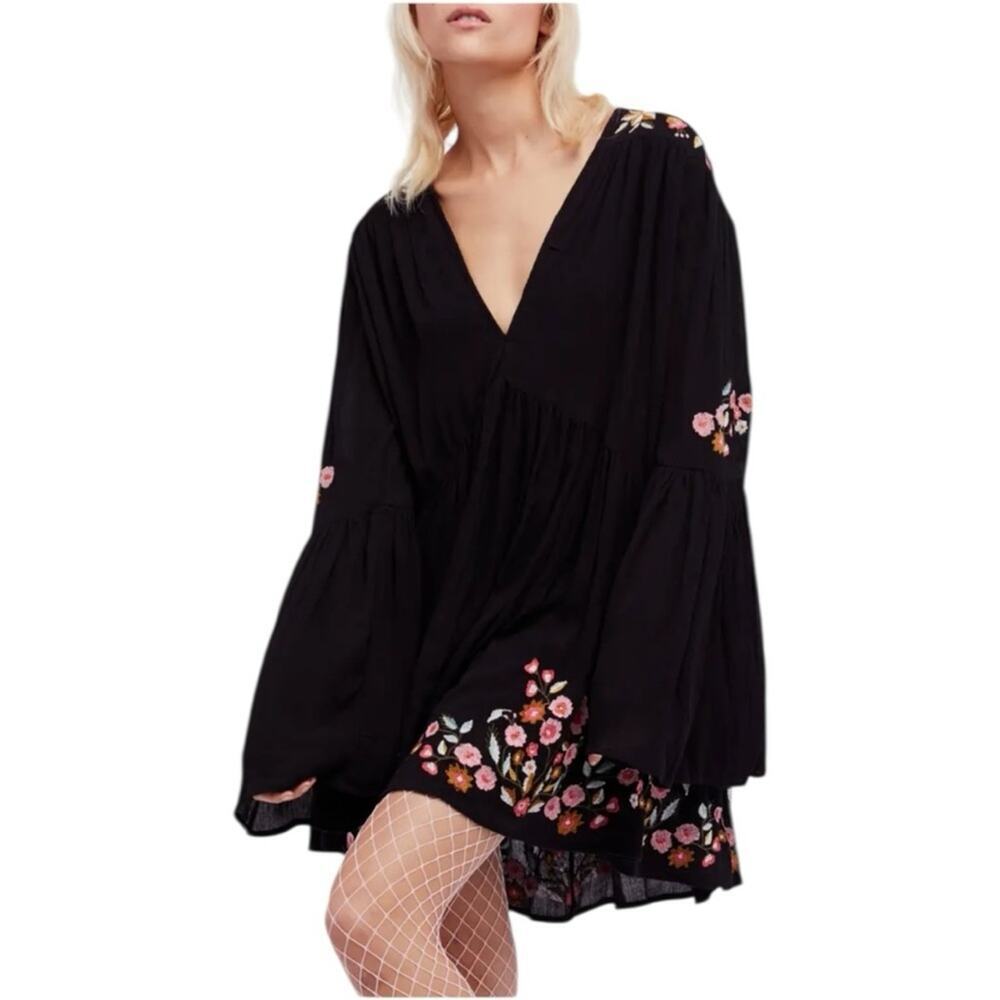 Free People Te Amo Floral Embroidered Oversized Mini Dress Black Size Small